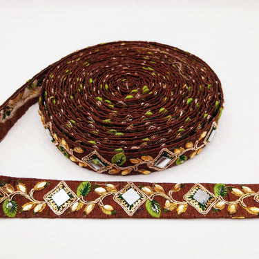 Brown Silk Trim With Mirrors Embellishments and Floral Embroidery, Approx. 26mm Wide, Decorative Trim Costume Trim Fashion Trim By Yard
